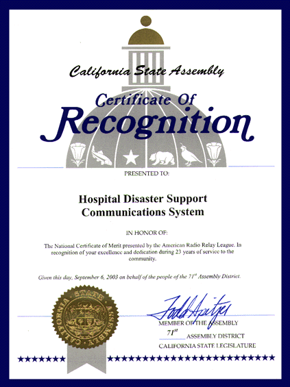Californa State Assemblyman recognition